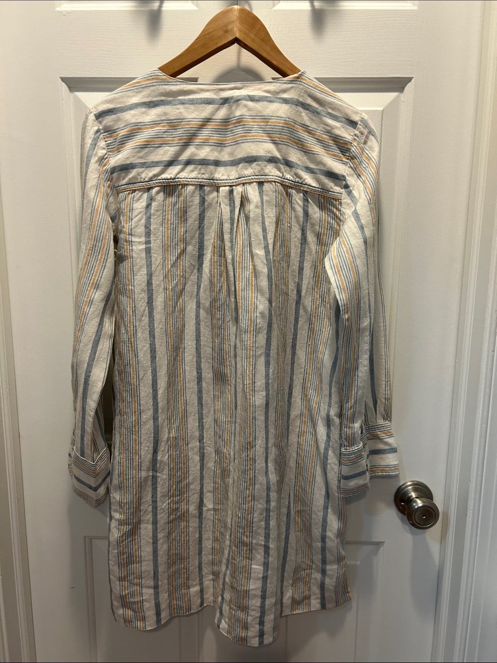 Faherty Striped V-Neck Linen Dress in White, Light Blue, Tan - Picture 8 of 10
